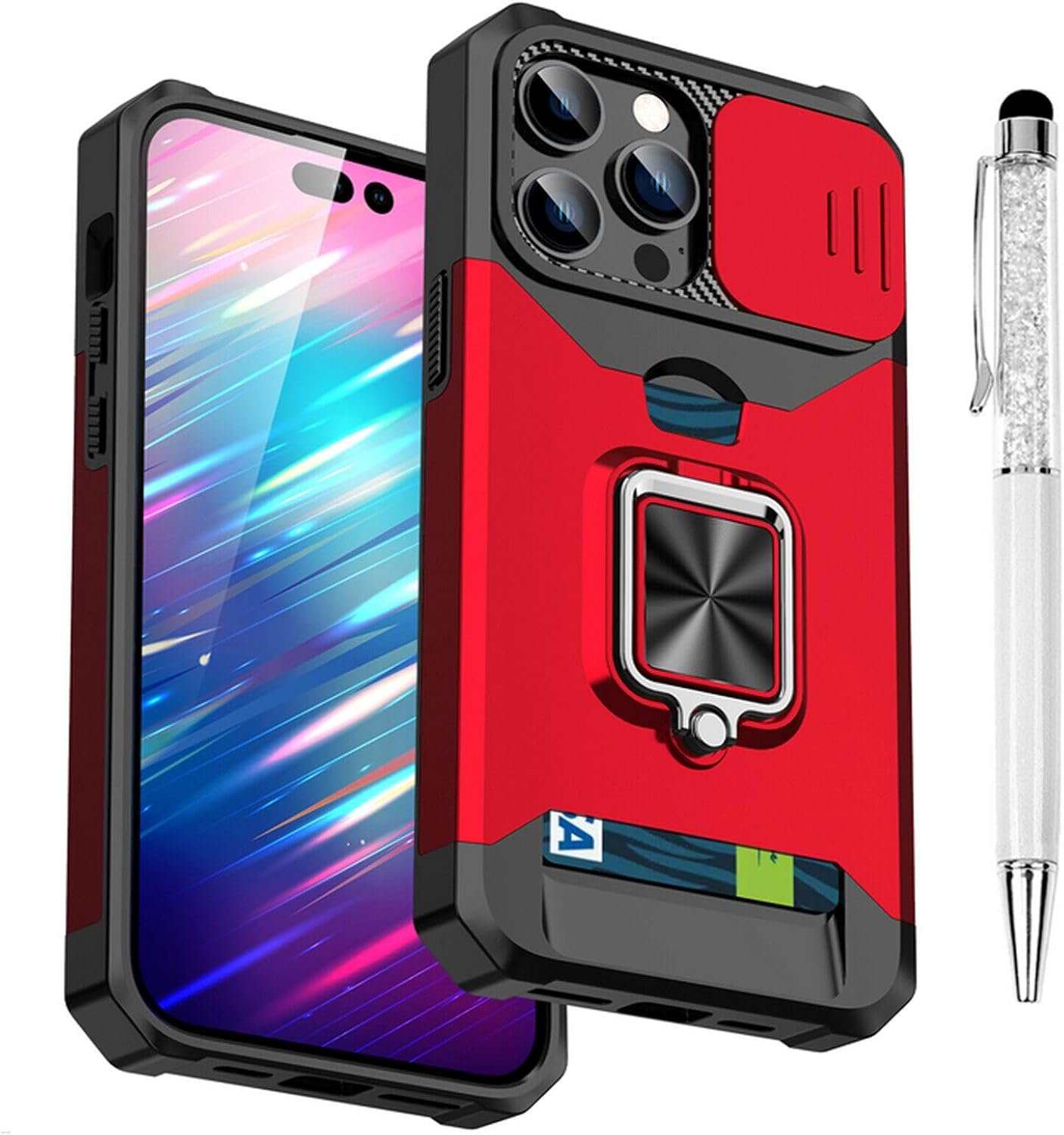 Compatible for iPhone 15 Pro TPU Case with Camera Protector | 360° Rotatable Ring Holder | Impact-Resistant Slide Len Cover | Magnetic Card Slots Stand Protective Shell with Stylus Pen | Purple