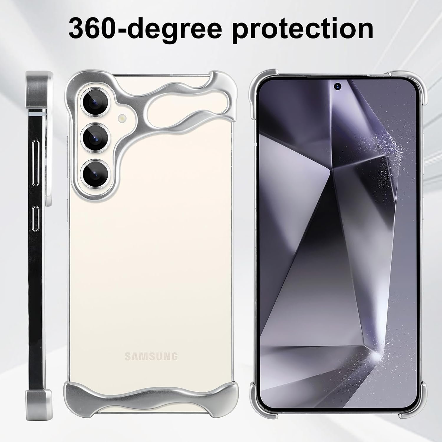 Frameles Phone Case for Samsung Galaxy S24 Plus Phone Case Minimalist Protective Shock Absorption Aerospace Grade Aluminum Shells + Elastomer Inlays Easy Fit (Aluminum Polished Silver)