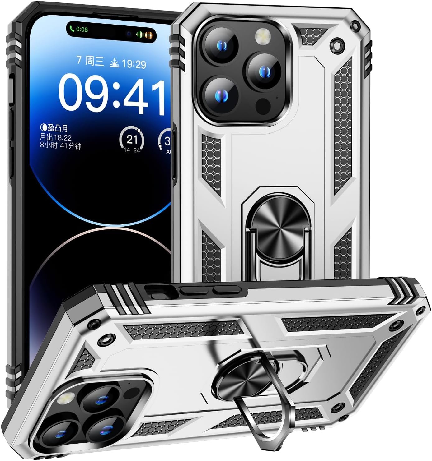 Innovatemee for iPhone 15 Case, Full Body Heavy Duty Rugged Shockproof Protective Phone Cover with Kickstand Military Grade Protection Shell for iPhone 15 Silver