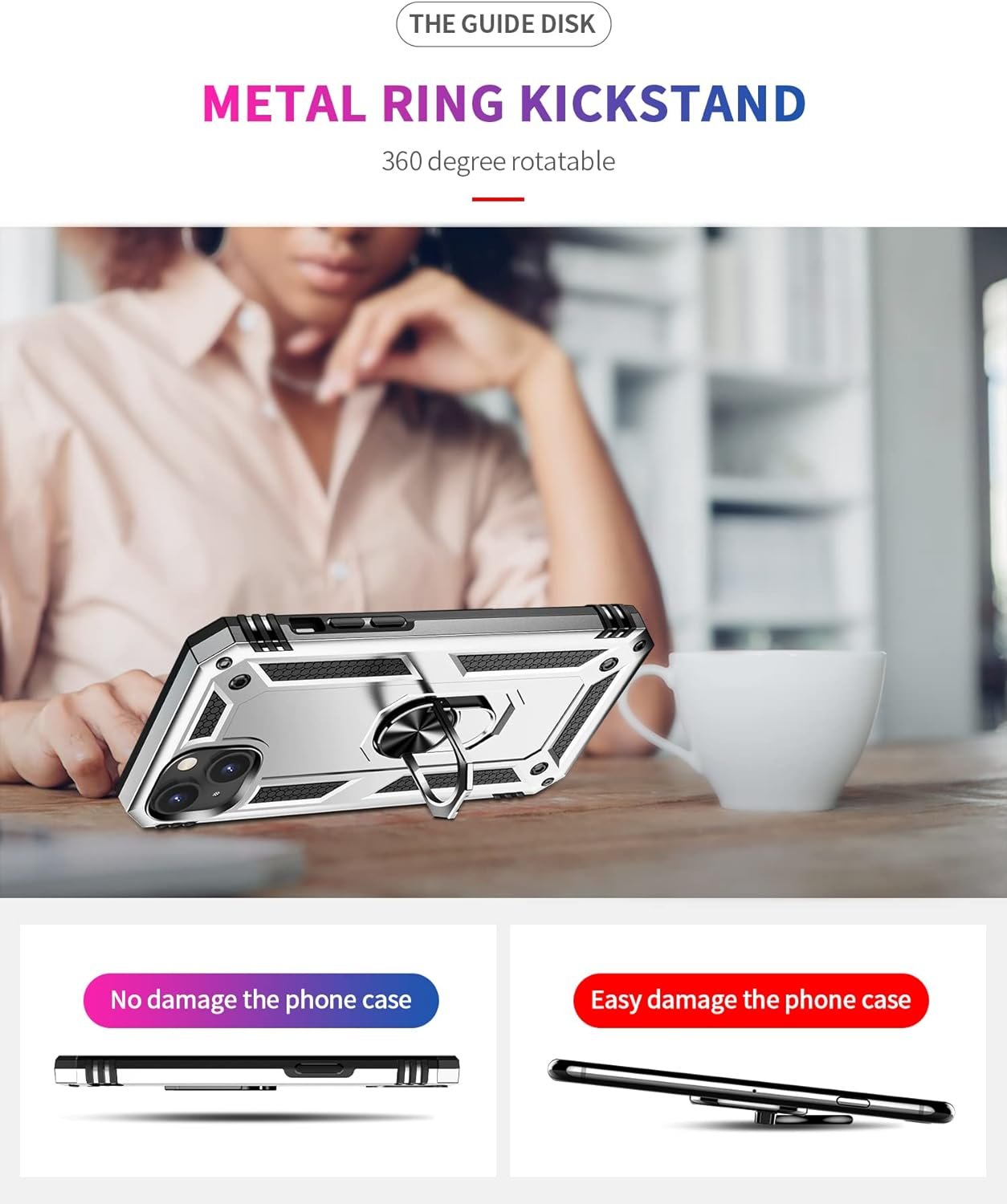 Innovatemee for iPhone 15 Case, Full Body Heavy Duty Rugged Shockproof Protective Phone Cover with Kickstand Military Grade Protection Shell for iPhone 15 Silver