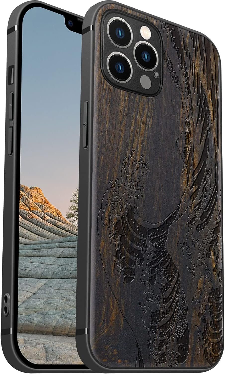 Magnetic Wood Case for iPhone 12 Case [Natural Wood & Soft TPU] Shockproof Protective Cover Unique & Classy Wooden Case Compatible with MagSafe (The Great Wave Off Kanagawa-Blackwood)