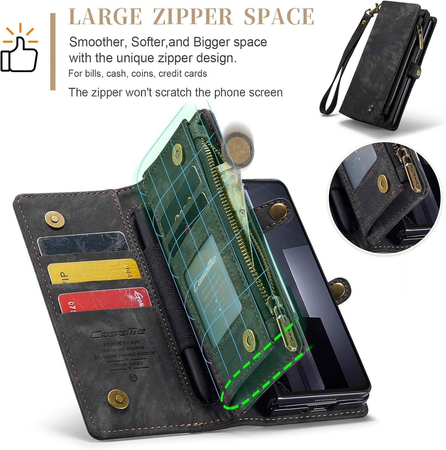 Wallet Case for Samsung Galaxy Z Fold6 2024, Zipper Purse Leather Case with Magnetic Detachable Shockproof TPU Bumper Shell Cover Compatible with Samsung Galaxy Z Fold 6 (Black)