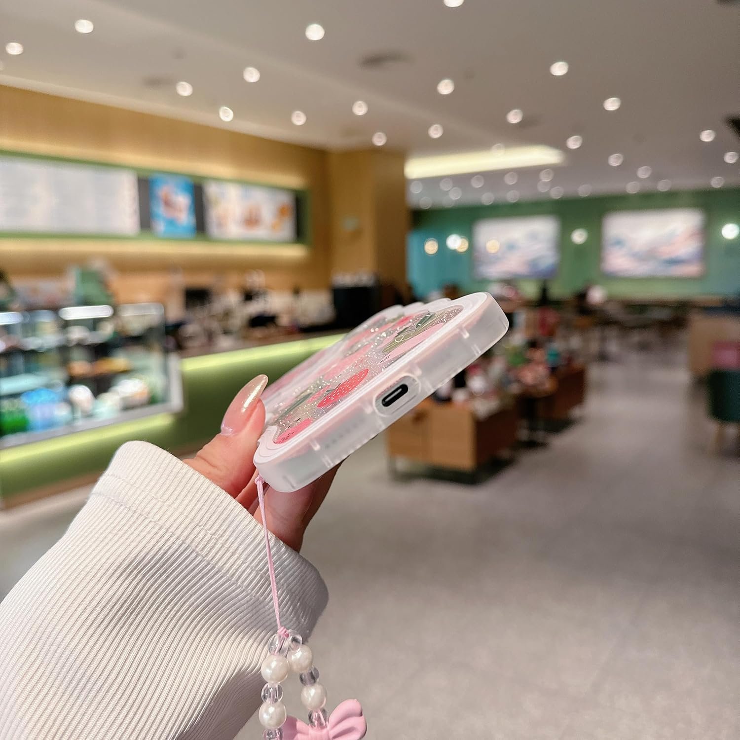 Compatible with iPhone 15plus case, cute wavy edge shell, kawaii strawberry, floral pattern with cute bracelet, made of soft, eco-friendly and durable TPU material, suitable for women and girls