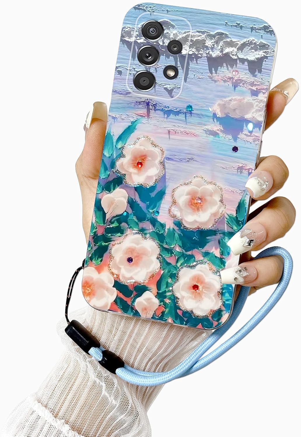 Case for Samsung Galaxy A52, Colorful Vintage Oil Painting Print Pattern, Water Diamond Cute Delicate Phone Case Stylish Durable TPU Protective Shell for Girls Women Blue(Camellia)