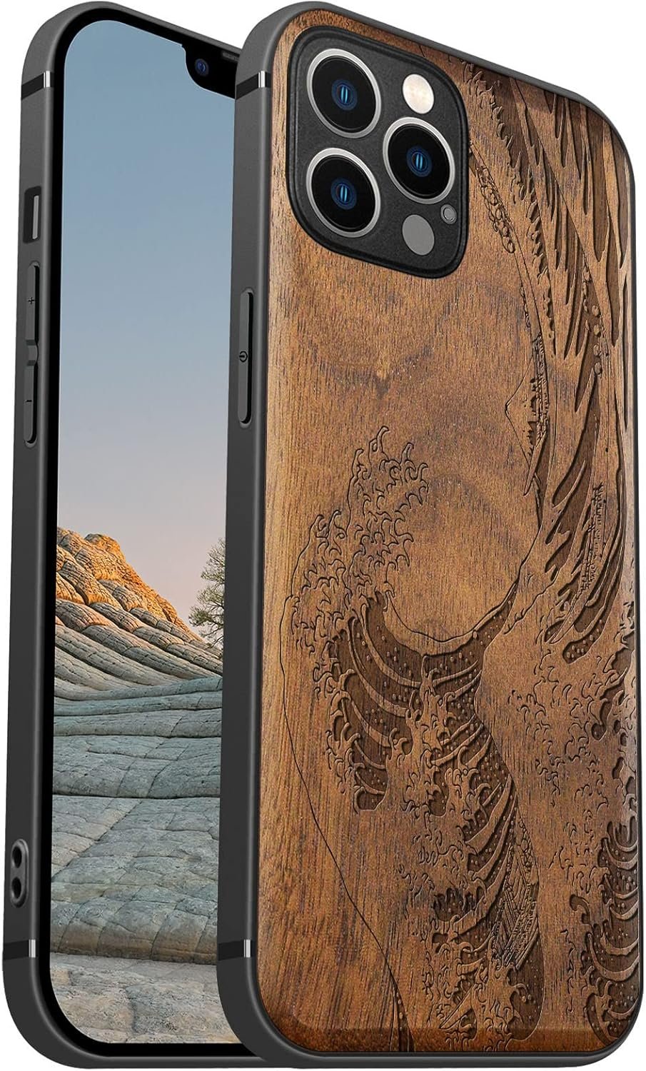 Magnetic Wood Case for iPhone 12 Case [Natural Wood & Soft TPU] Shockproof Protective Cover Unique & Classy Wooden Case Compatible with MagSafe (The Great Wave Off Kanagawa-Blackwood)