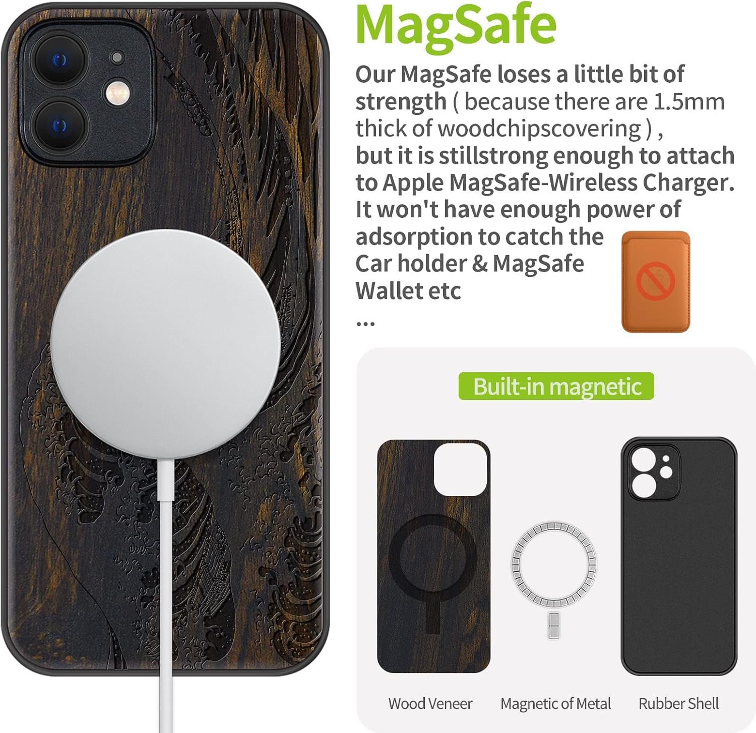 Magnetic Wood Case for iPhone 12 Case [Natural Wood & Soft TPU] Shockproof Protective Cover Unique & Classy Wooden Case Compatible with MagSafe (The Great Wave Off Kanagawa-Blackwood)