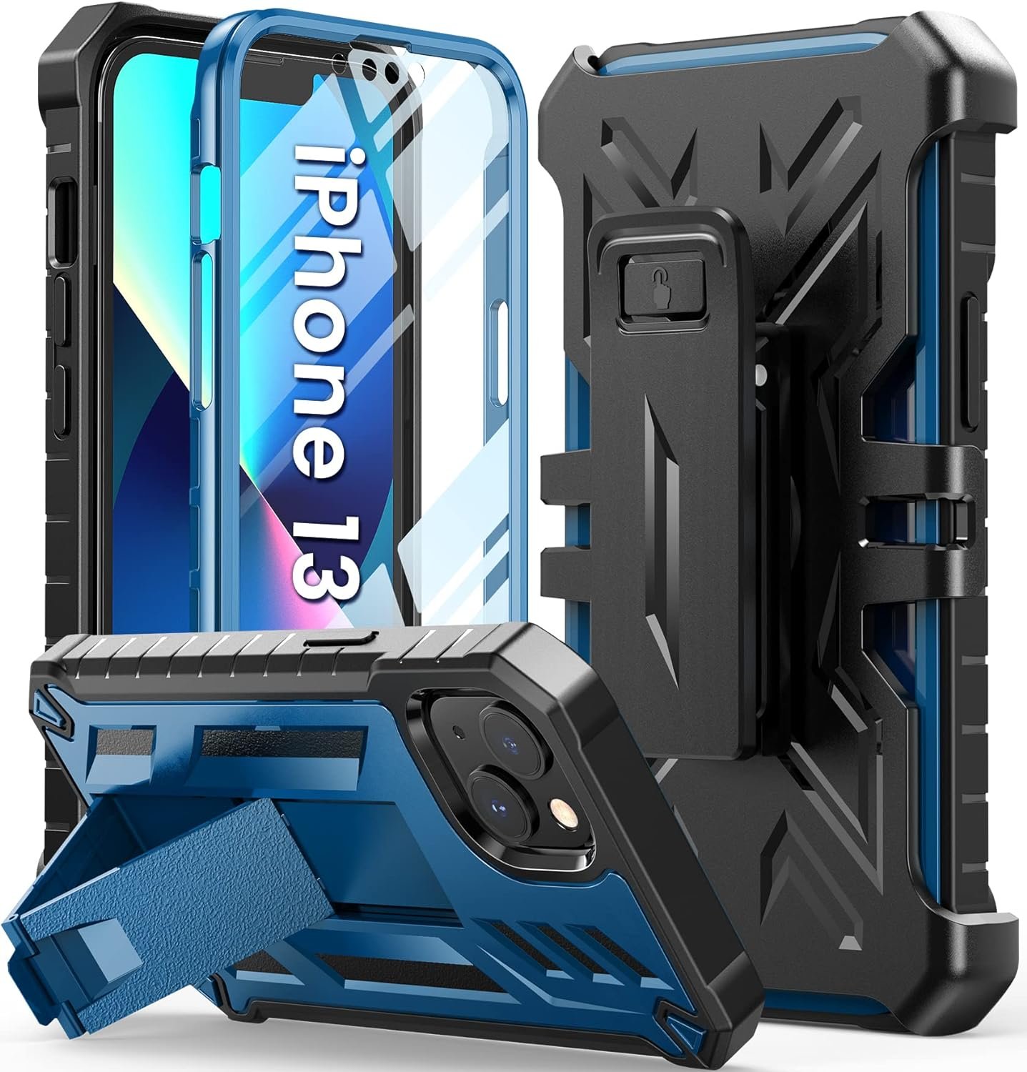 for iPhone 13 Case Protective Cover: iPhone 14 case Heavy Duty Military Grade Hard Protection Shock Proof Grip | Durable Dual-Layer Design iPhone 13-14 Phone Case with Built-in Kickstand Blue