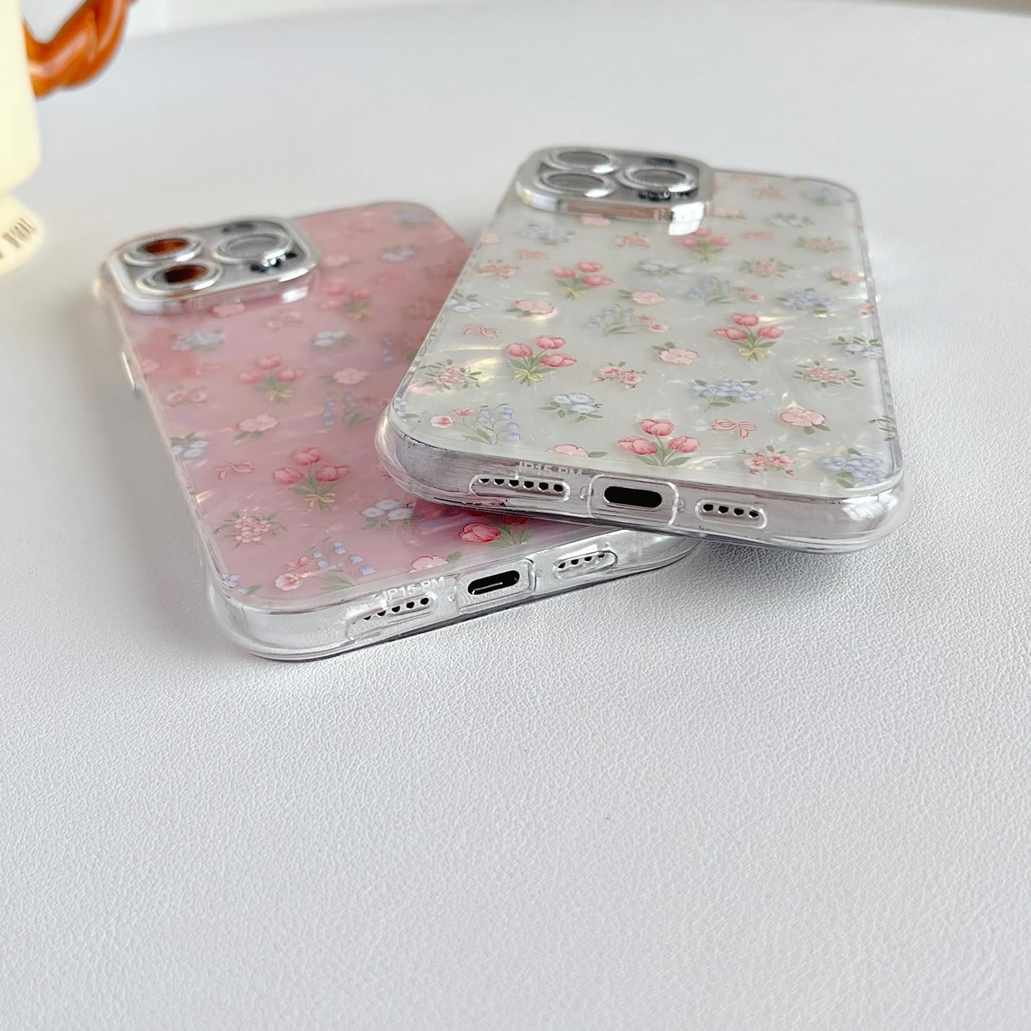 Cute Tulip Flowers Bow Shell Pattern Phone Case Compatible with iPhone Case (White,iPhone 14)