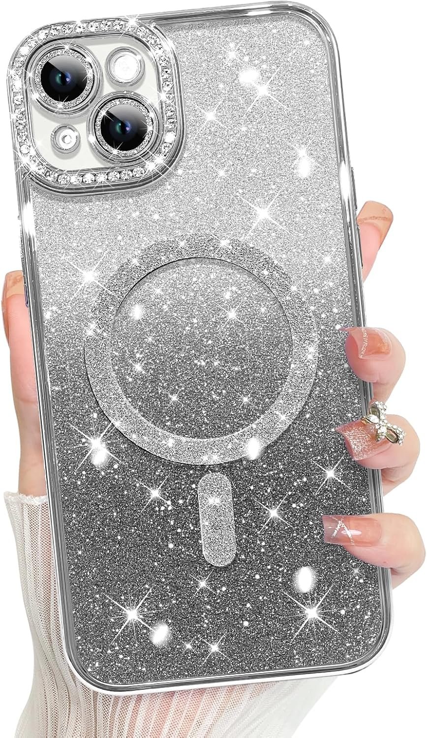 Innovatemee Compatible with iPhone 14 Case Plating Magnetic [Support for Magsafe] Bling Glitter Sparkly Back Diamond Camera Lens Cover Crystal Matte Luxury Case for Girls Women -Blue