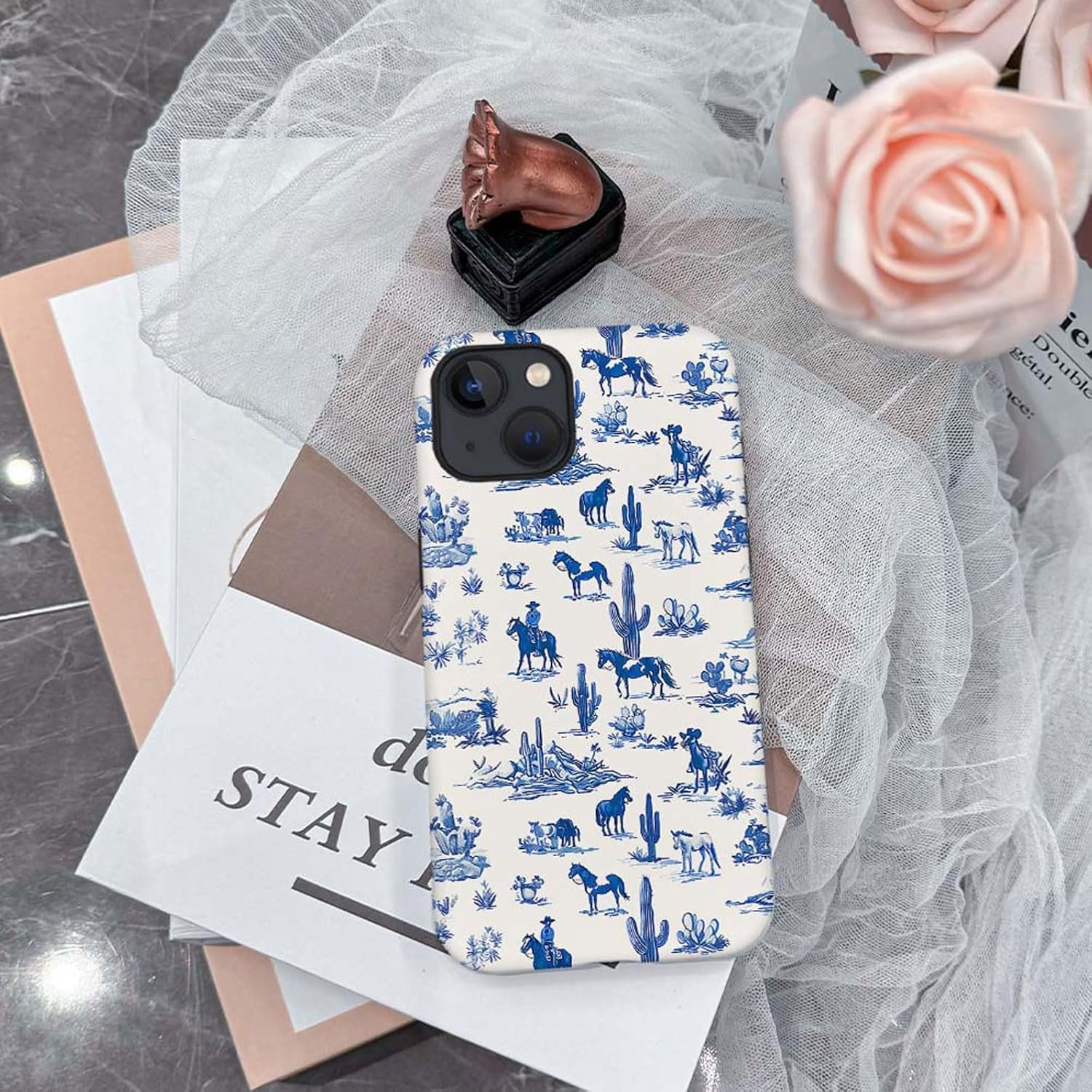 case Compatible with iPhone 13, Dark Blue Steed and Cactus Mix Two Layers of Protective Hard Shell Clear Design and dust-Proof. Suitable for iPhone 13