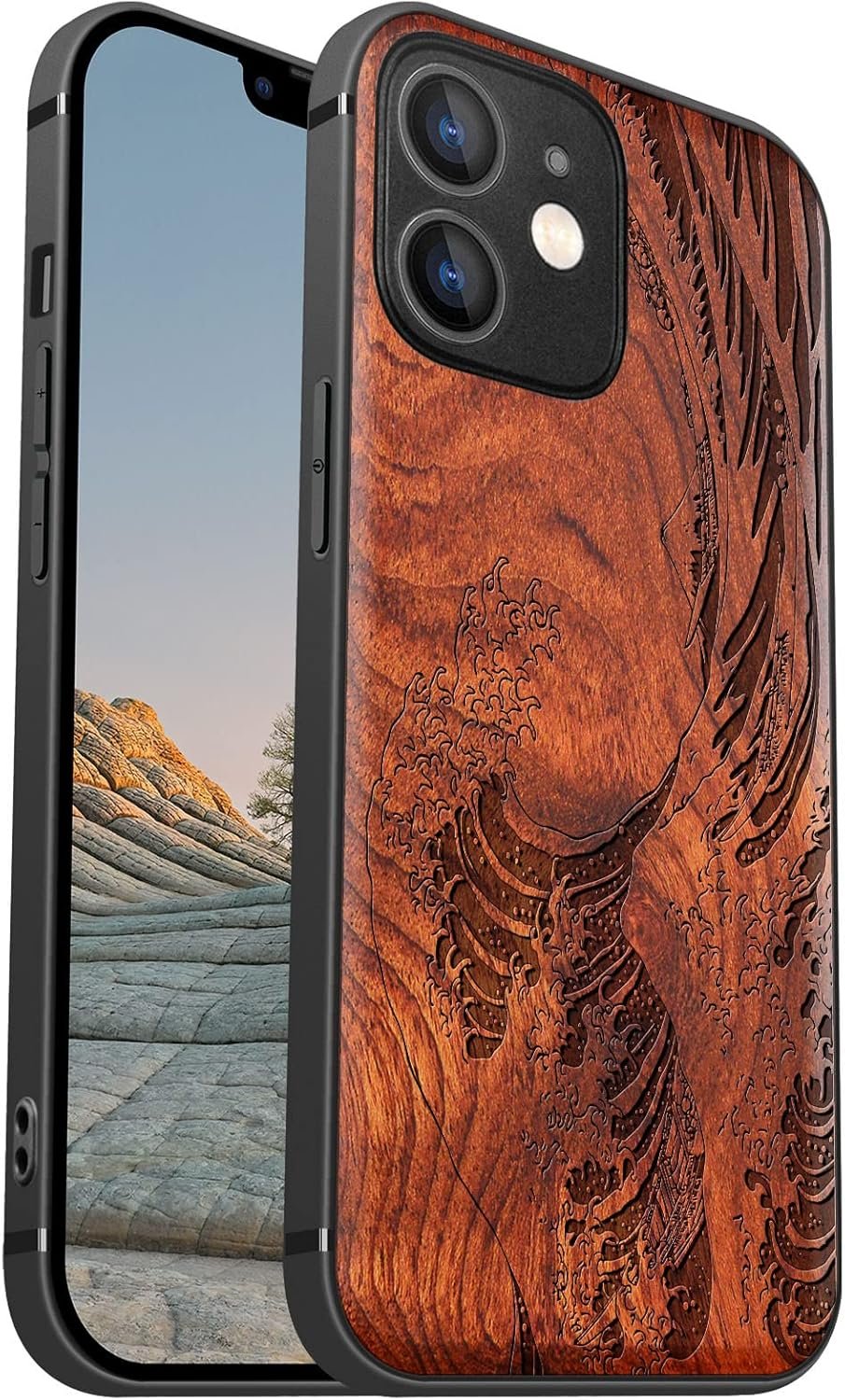 Magnetic Wood Case for iPhone 12 Case [Natural Wood & Soft TPU] Shockproof Protective Cover Unique & Classy Wooden Case Compatible with MagSafe (The Great Wave Off Kanagawa-Blackwood)