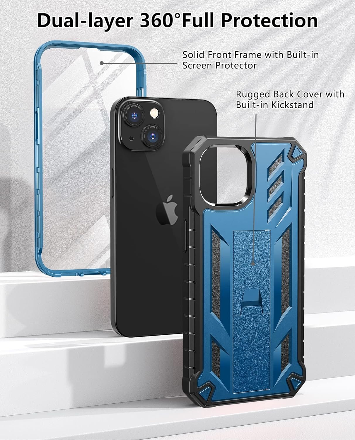 for iPhone 13 Case Protective Cover: iPhone 14 case Heavy Duty Military Grade Hard Protection Shock Proof Grip | Durable Dual-Layer Design iPhone 13-14 Phone Case with Built-in Kickstand Blue
