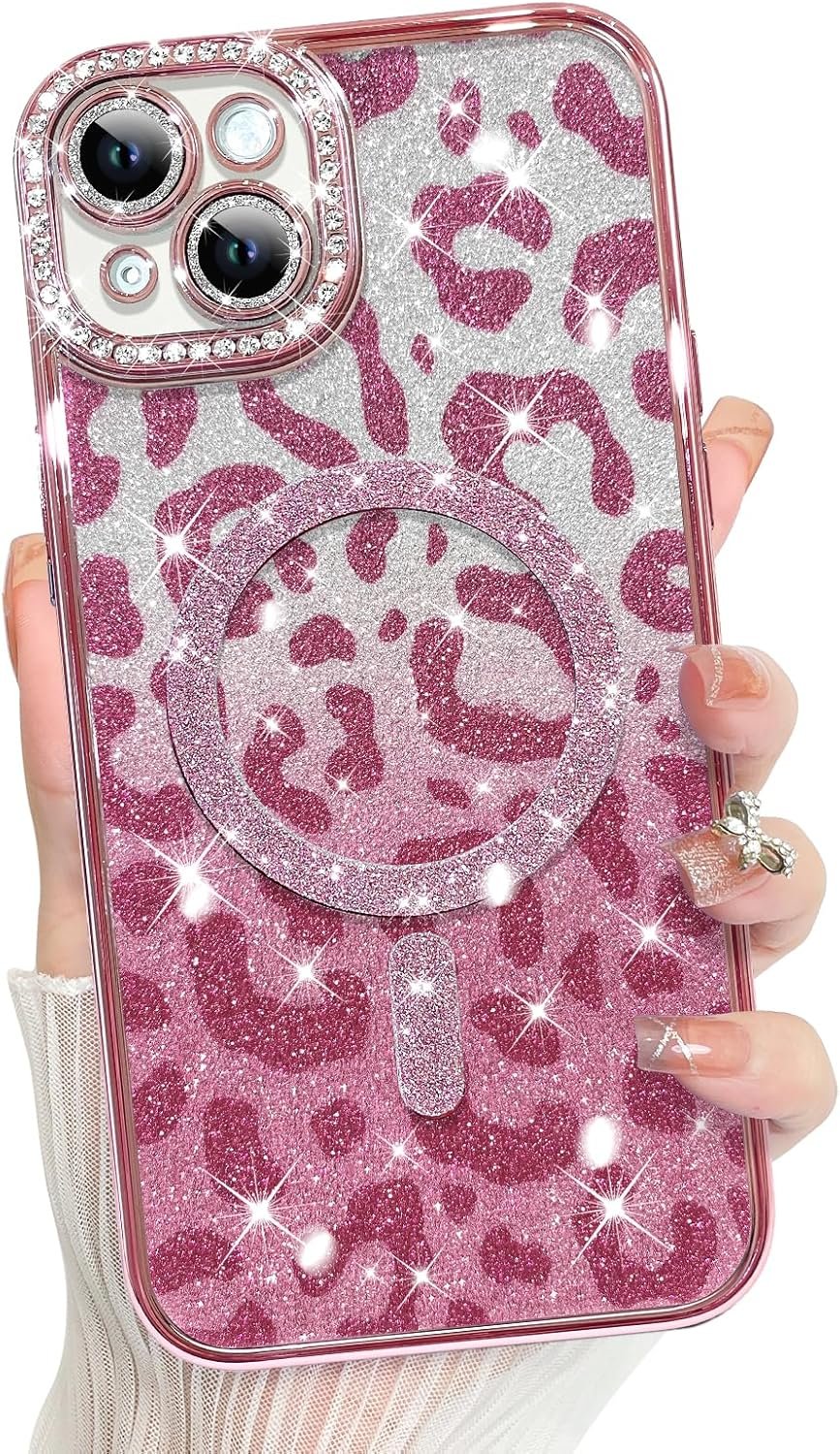 Innovatemee Compatible with iPhone 14 Case Plating Magnetic [Support for Magsafe] Bling Glitter Sparkly Back Diamond Camera Lens Cover Crystal Matte Luxury Case for Girls Women -Blue