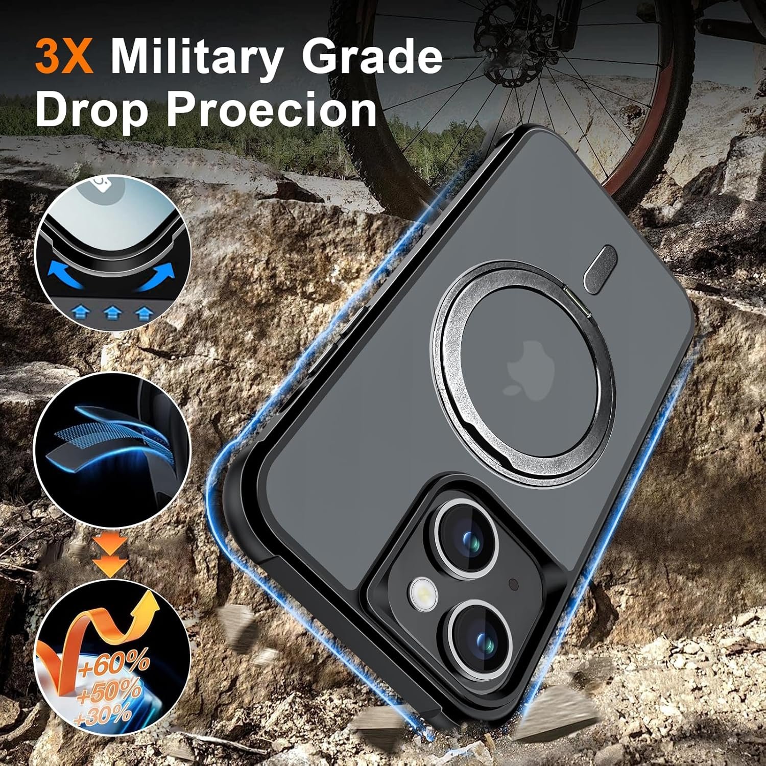 Magnetic for iPhone 13 case/iPhone 14 Case 【Compatible with Magsafe】 with 360°Rotatable Invisible Ring Stand【Military Grade Shockproof】 Matte Back Soft Edge Phone Cover 6.1", Black