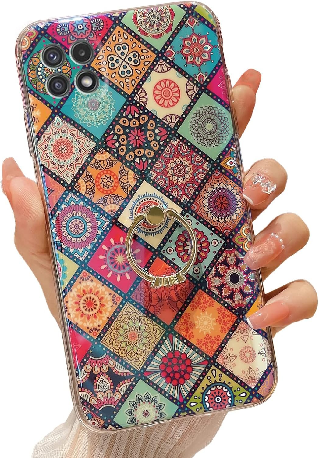 for Boost Mobile 5G 2021 Case (Not 5G Plus) Girls Women Cute Luxury Glitter Shell with Heart Ring Stand Slim Soft Shockproof Protective Cover for Samsung Galaxy A22 5G - Pink