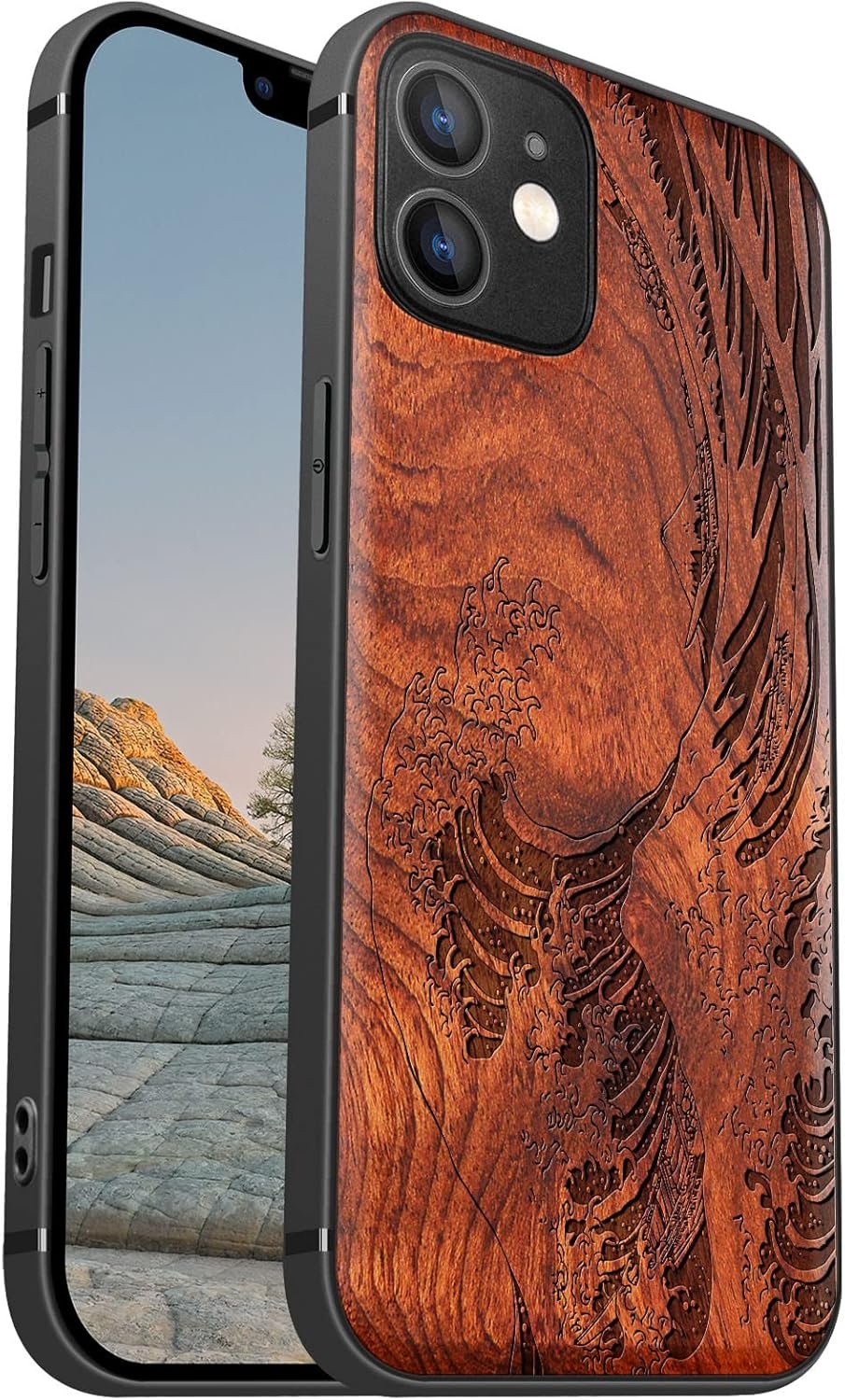 Magnetic Wood Case for iPhone 12 Case [Natural Wood & Soft TPU] Shockproof Protective Cover Unique & Classy Wooden Case Compatible with MagSafe (The Great Wave Off Kanagawa-Blackwood)
