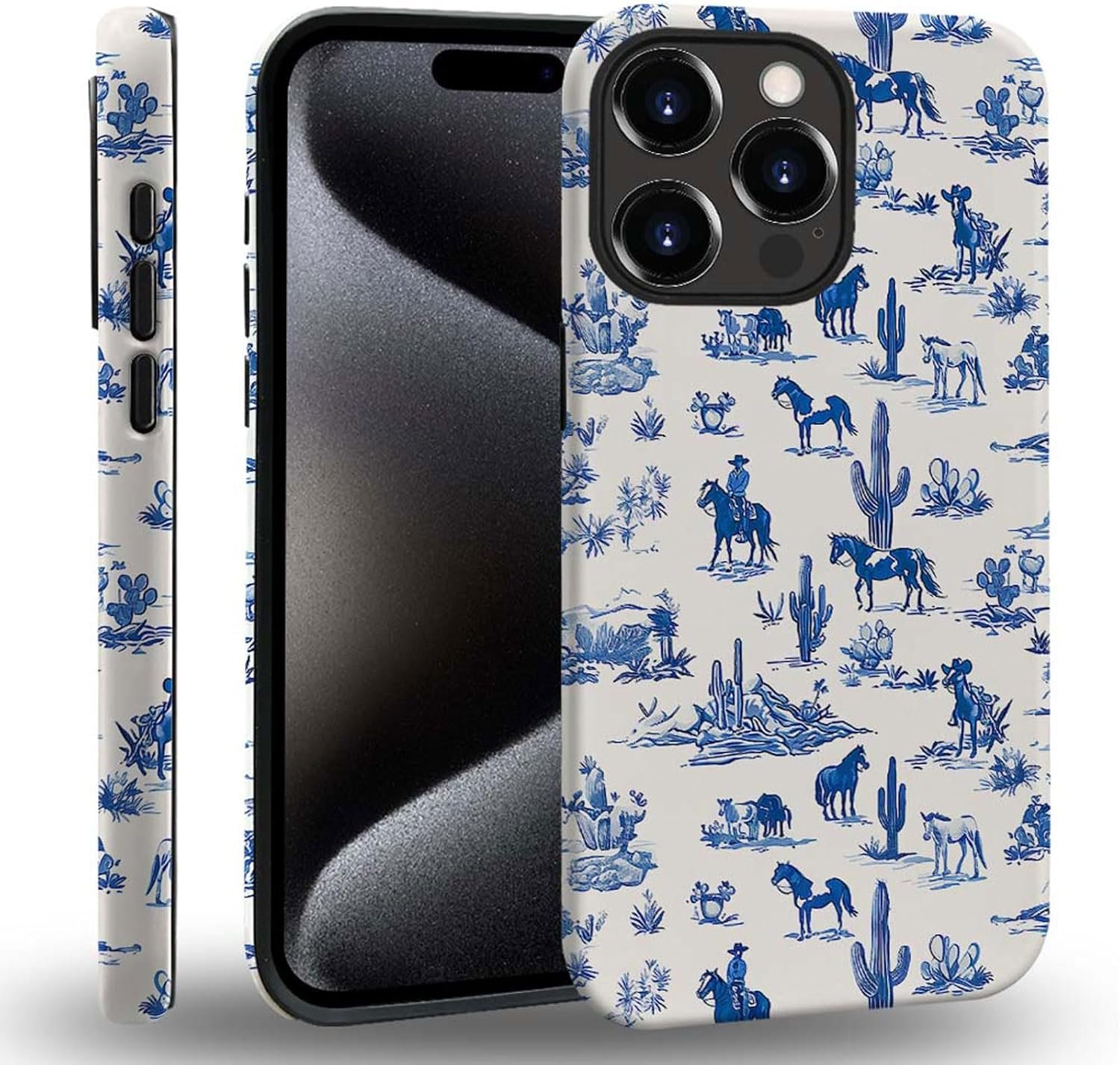 case Compatible with iPhone 13, Dark Blue Steed and Cactus Mix Two Layers of Protective Hard Shell Clear Design and dust-Proof. Suitable for iPhone 13
