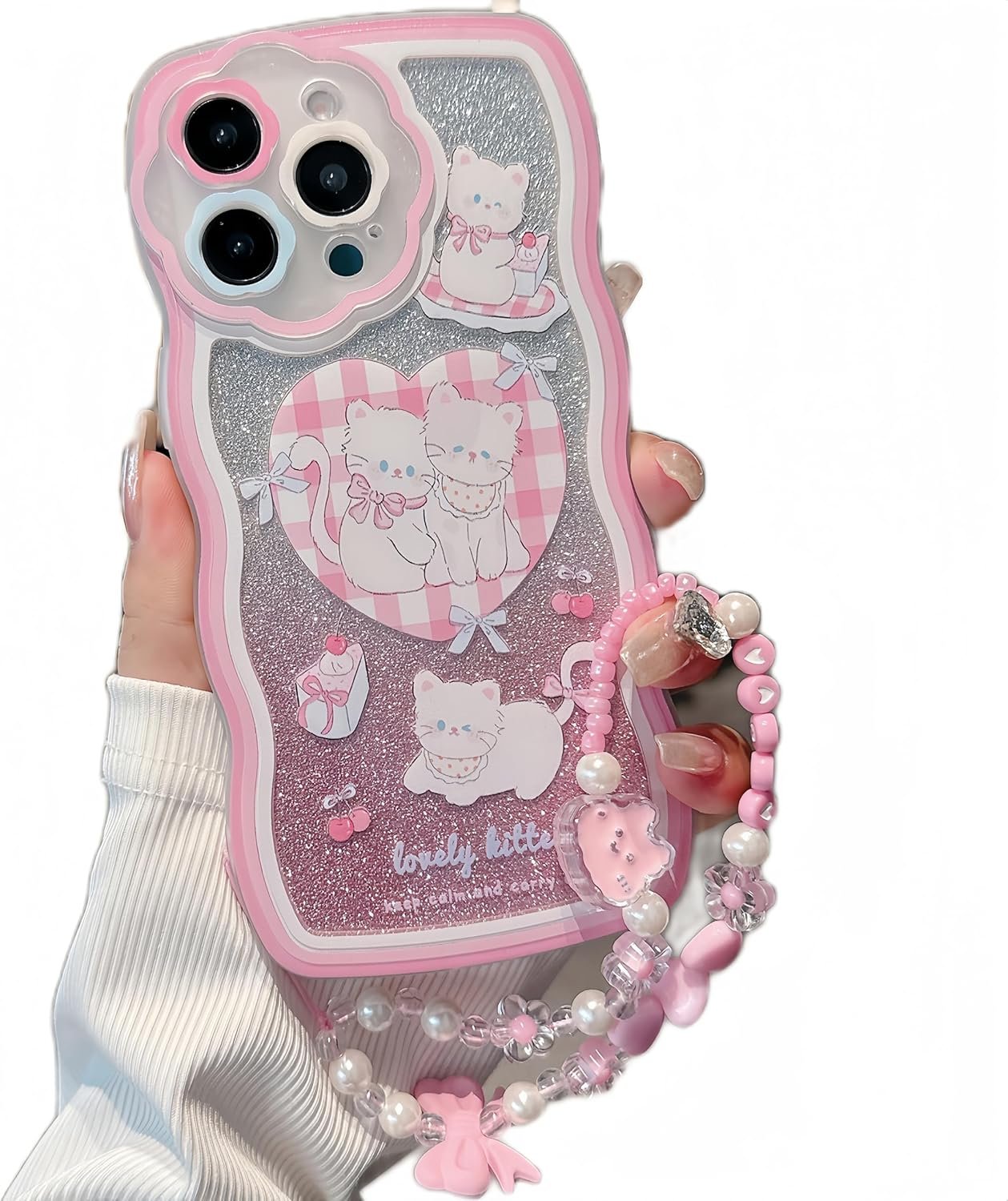 Compatible with iPhone 15plus case, cute wavy edge shell, kawaii strawberry, floral pattern with cute bracelet, made of soft, eco-friendly and durable TPU material, suitable for women and girls