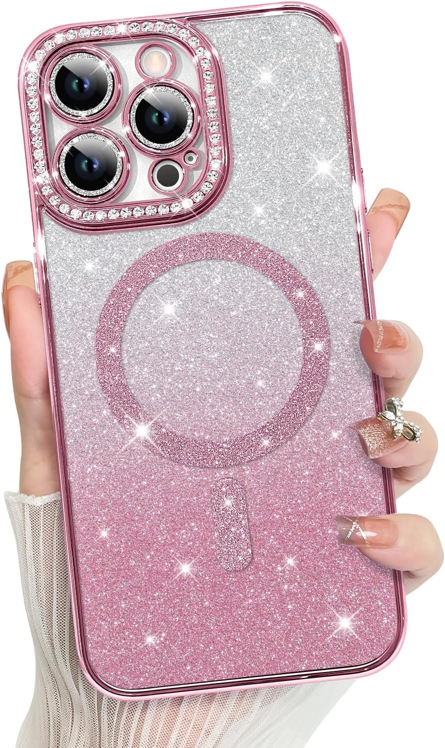 Innovatemee Compatible with iPhone 14 Case Plating Magnetic [Support for Magsafe] Bling Glitter Sparkly Back Diamond Camera Lens Cover Crystal Matte Luxury Case for Girls Women -Blue