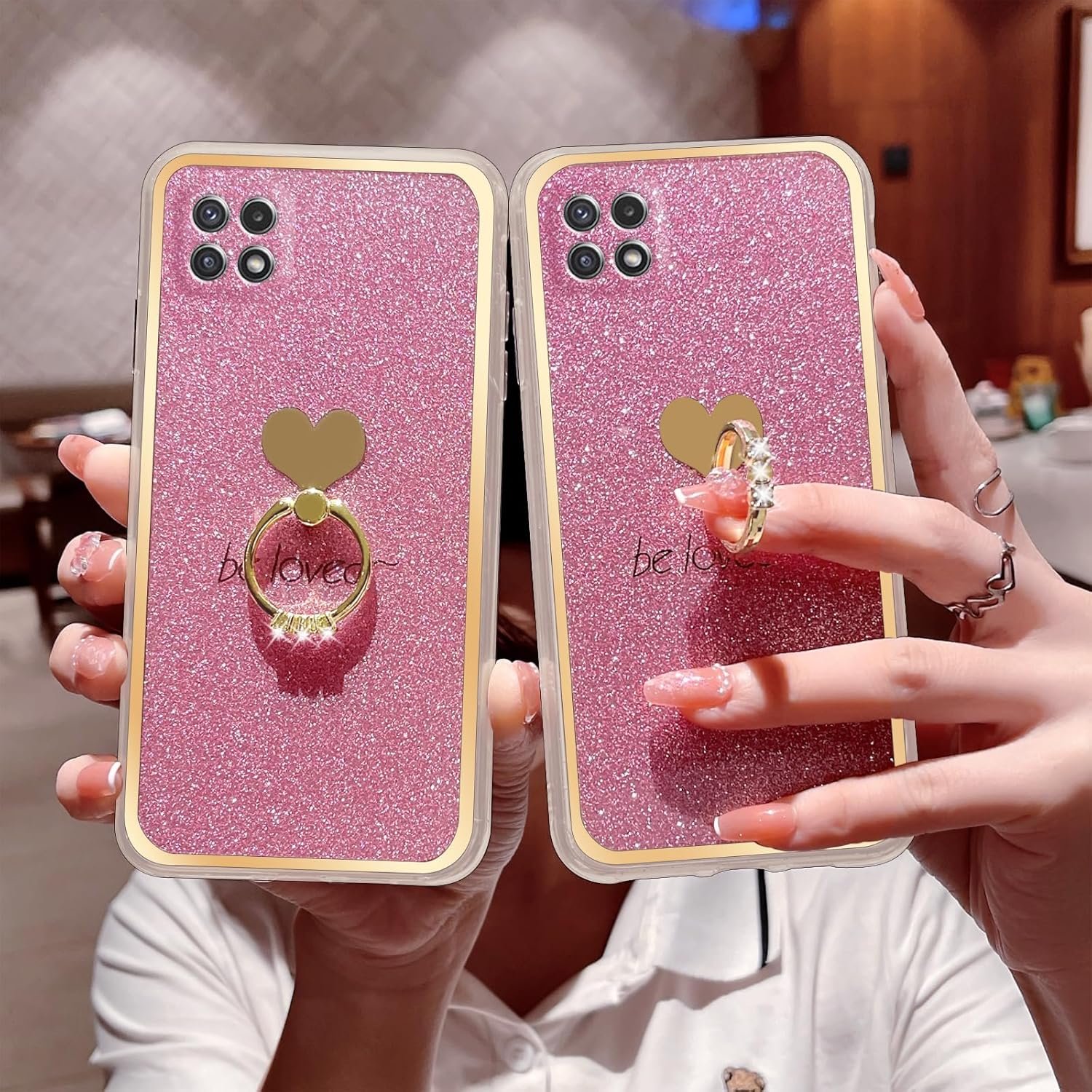 for Boost Mobile 5G 2021 Case (Not 5G Plus) Girls Women Cute Luxury Glitter Shell with Heart Ring Stand Slim Soft Shockproof Protective Cover for Samsung Galaxy A22 5G - Pink