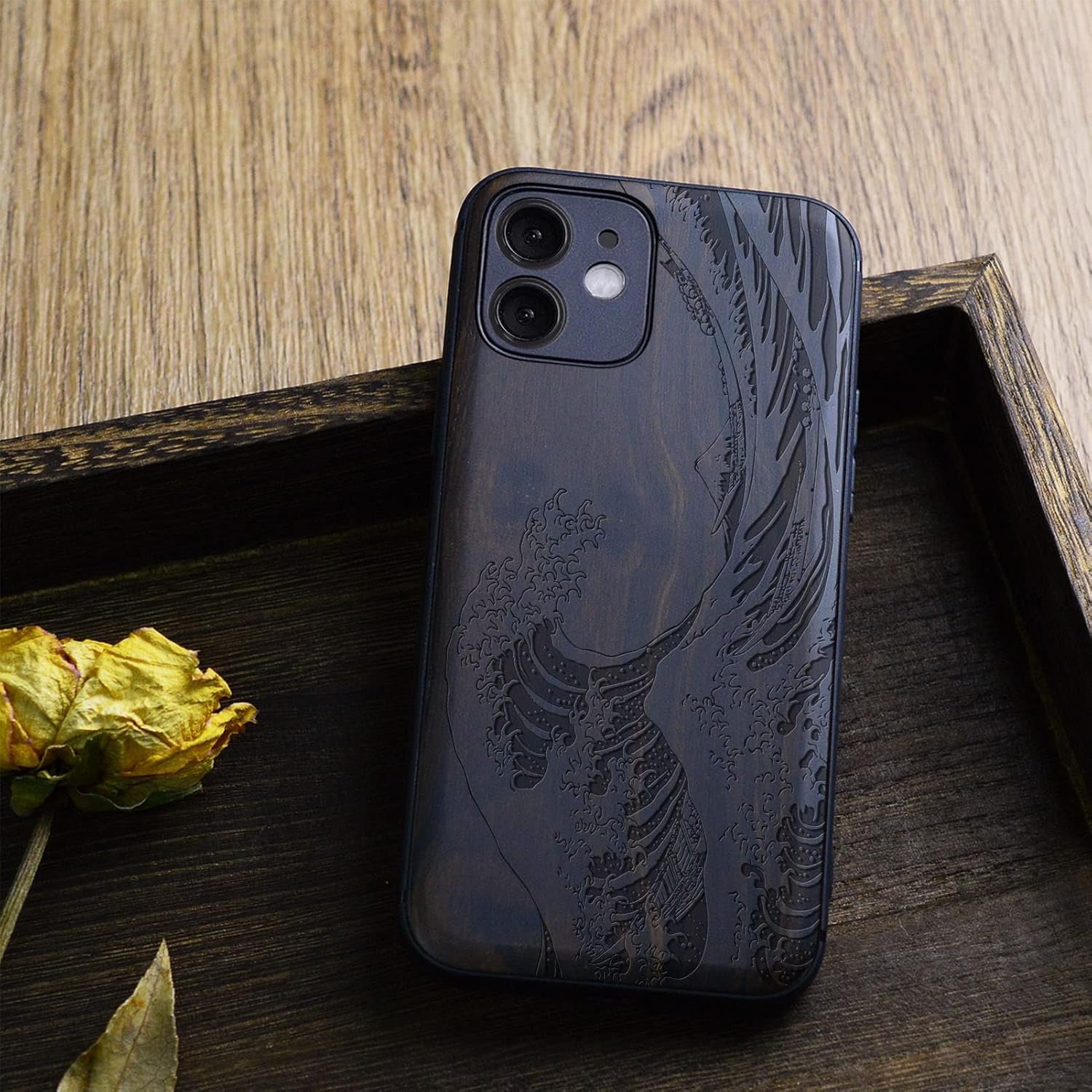 Magnetic Wood Case for iPhone 12 Case [Natural Wood & Soft TPU] Shockproof Protective Cover Unique & Classy Wooden Case Compatible with MagSafe (The Great Wave Off Kanagawa-Blackwood)