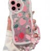 Compatible with iPhone 15plus case, cute wavy edge shell, kawaii strawberry, floral pattern with cute bracelet, made of soft, eco-friendly and durable TPU material, suitable for women and girls