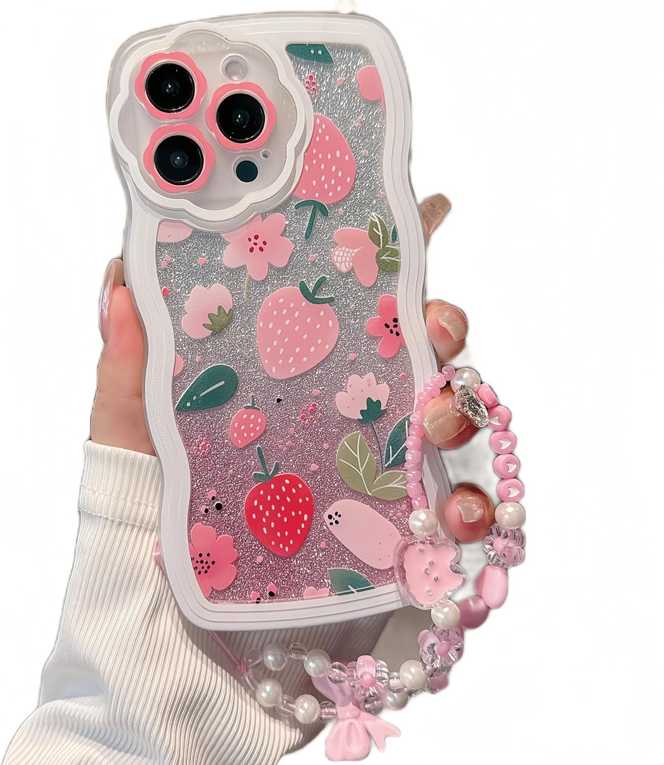 Compatible with iPhone 15plus case, cute wavy edge shell, kawaii strawberry, floral pattern with cute bracelet, made of soft, eco-friendly and durable TPU material, suitable for women and girls