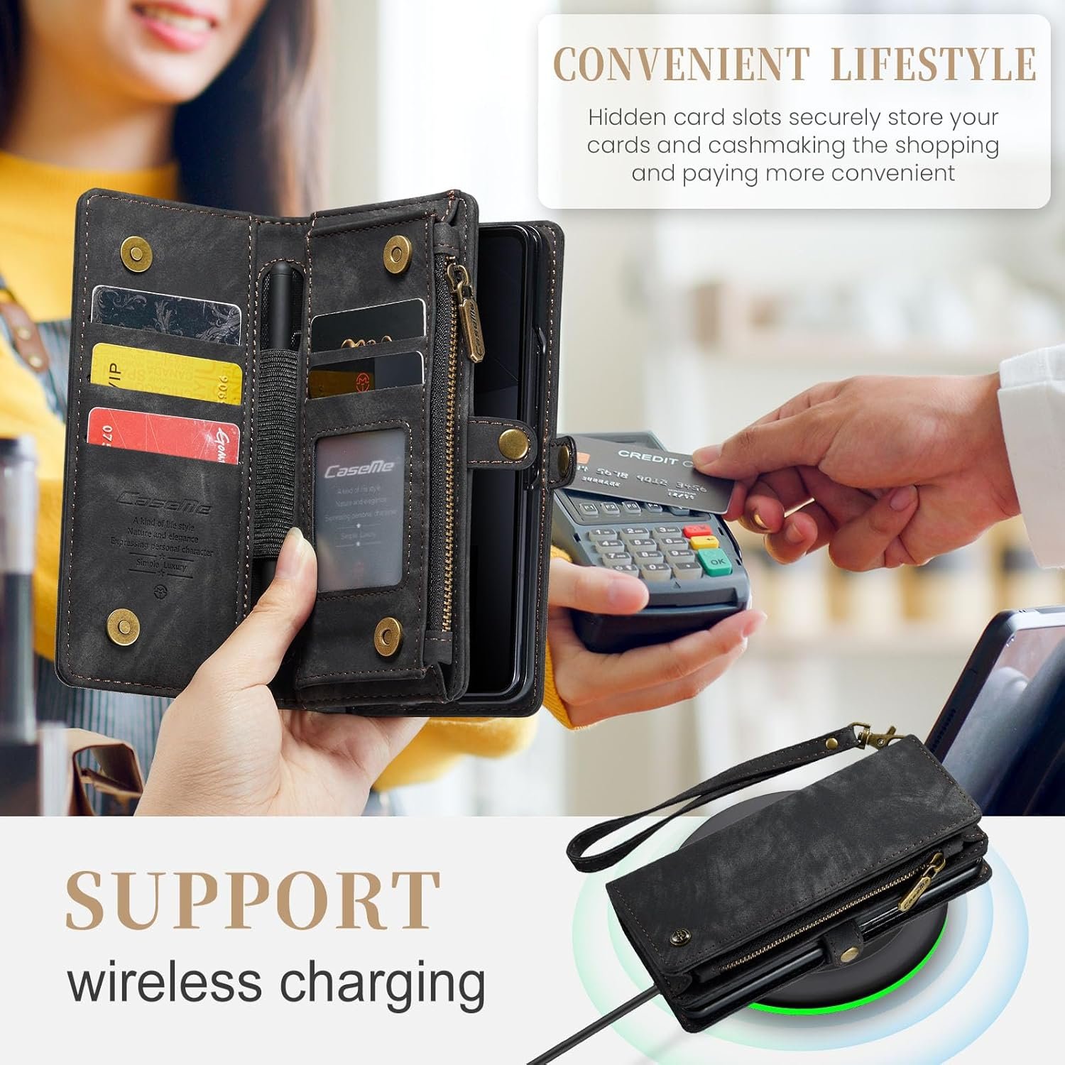 Wallet Case for Samsung Galaxy Z Fold6 2024, Zipper Purse Leather Case with Magnetic Detachable Shockproof TPU Bumper Shell Cover Compatible with Samsung Galaxy Z Fold 6 (Black)