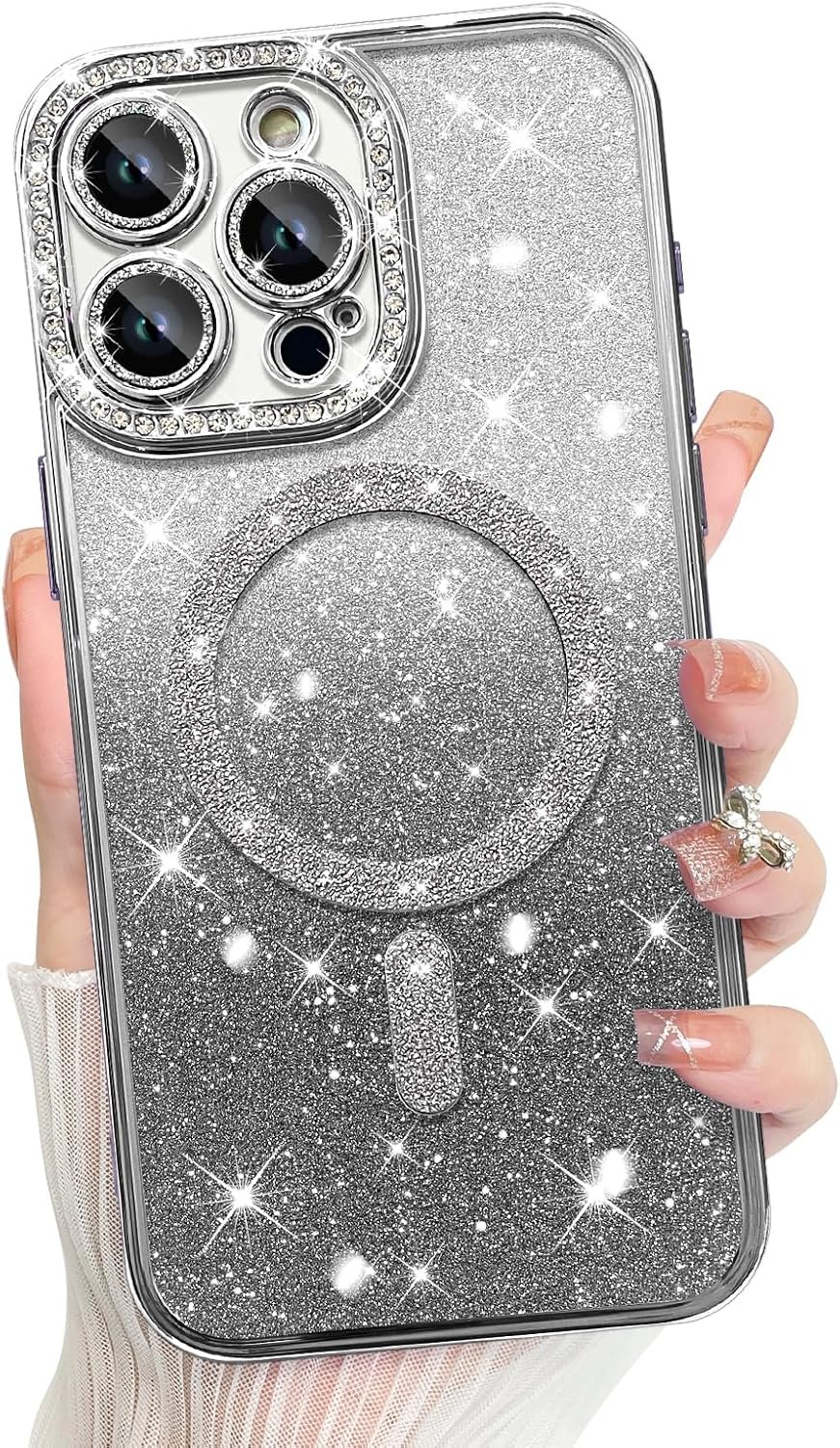 Innovatemee Compatible with iPhone 14 Case Plating Magnetic [Support for Magsafe] Bling Glitter Sparkly Back Diamond Camera Lens Cover Crystal Matte Luxury Case for Girls Women -Blue