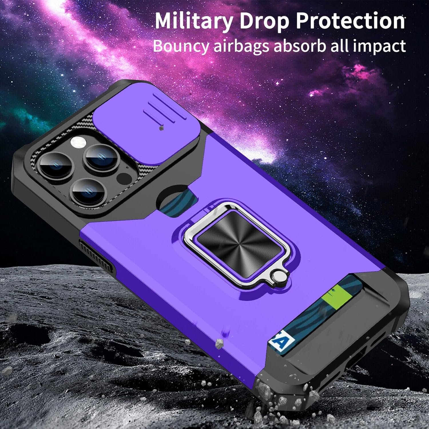 Compatible for iPhone 15 Pro TPU Case with Camera Protector | 360° Rotatable Ring Holder | Impact-Resistant Slide Len Cover | Magnetic Card Slots Stand Protective Shell with Stylus Pen | Purple