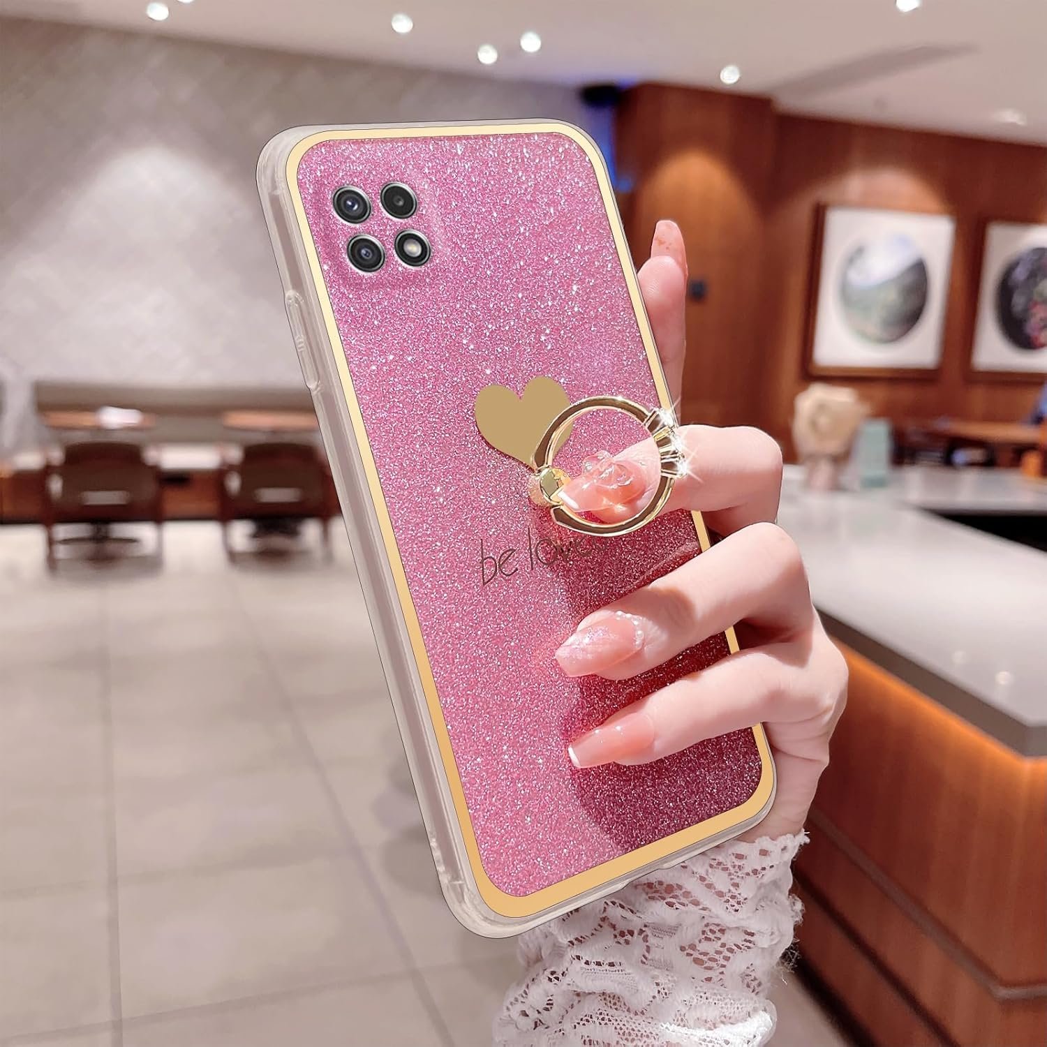 for Boost Mobile 5G 2021 Case (Not 5G Plus) Girls Women Cute Luxury Glitter Shell with Heart Ring Stand Slim Soft Shockproof Protective Cover for Samsung Galaxy A22 5G - Pink