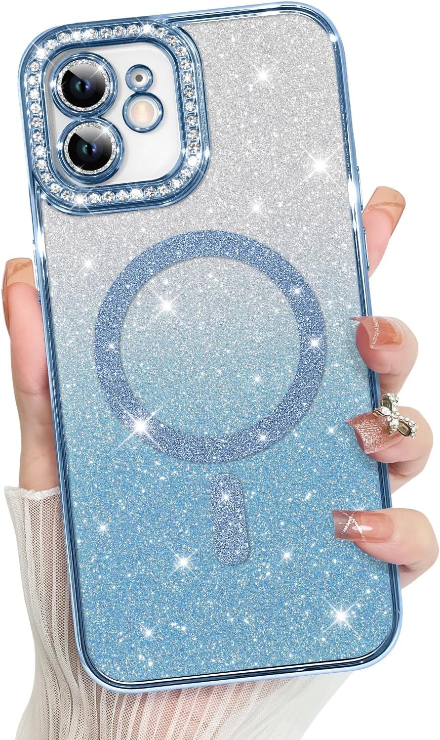 Innovatemee Compatible with iPhone 14 Case Plating Magnetic [Support for Magsafe] Bling Glitter Sparkly Back Diamond Camera Lens Cover Crystal Matte Luxury Case for Girls Women -Blue