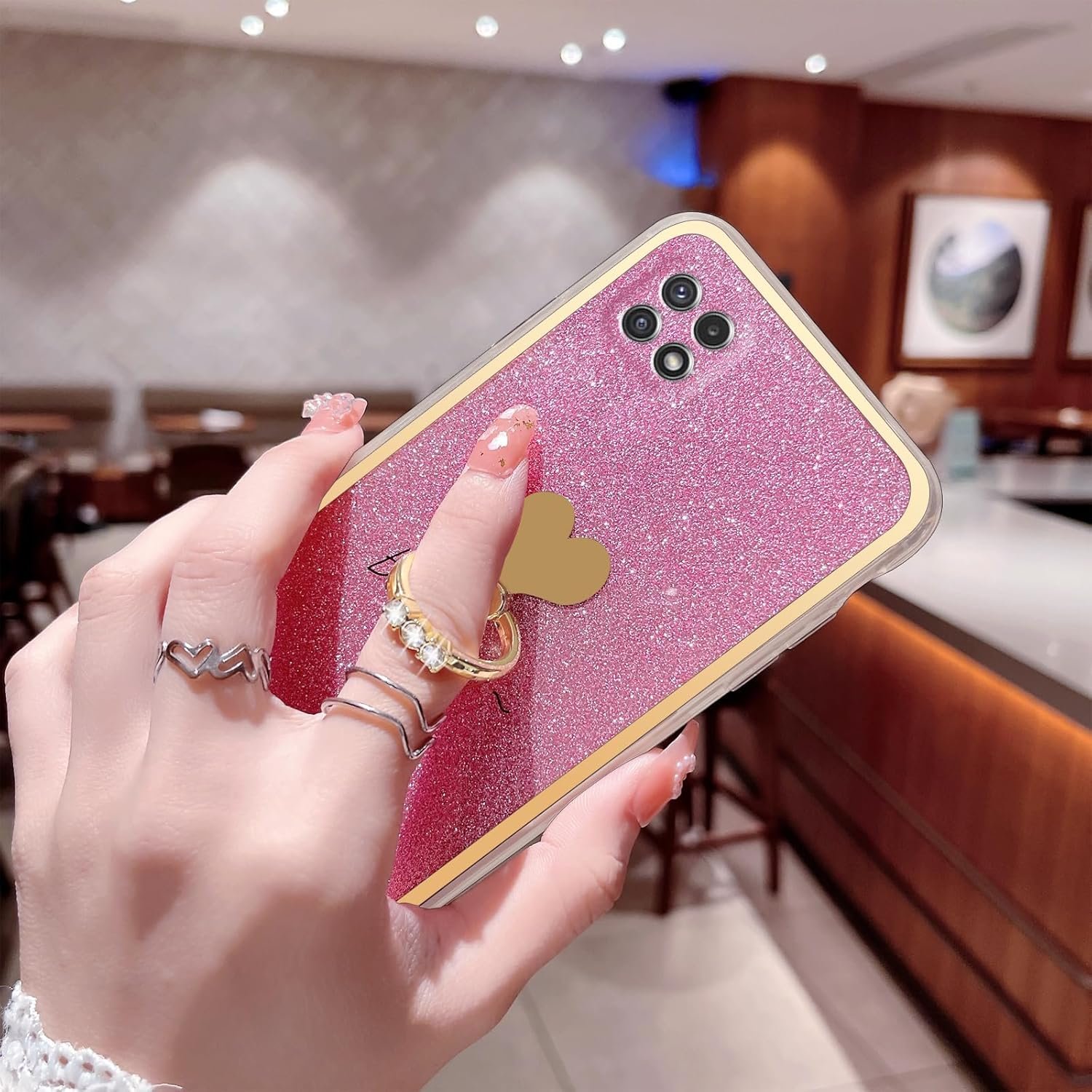 for Boost Mobile 5G 2021 Case (Not 5G Plus) Girls Women Cute Luxury Glitter Shell with Heart Ring Stand Slim Soft Shockproof Protective Cover for Samsung Galaxy A22 5G - Pink