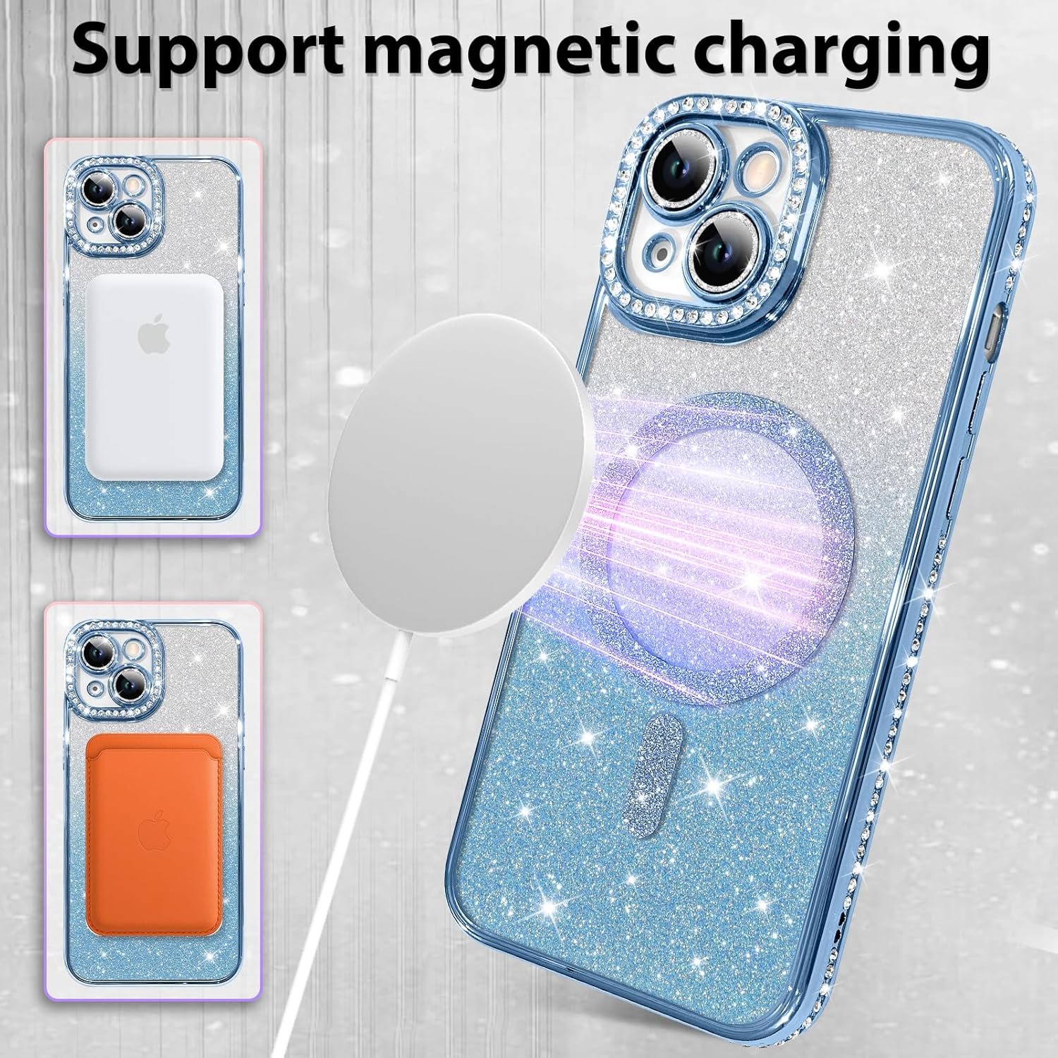 Innovatemee Compatible with iPhone 14 Case Plating Magnetic [Support for Magsafe] Bling Glitter Sparkly Back Diamond Camera Lens Cover Crystal Matte Luxury Case for Girls Women -Blue