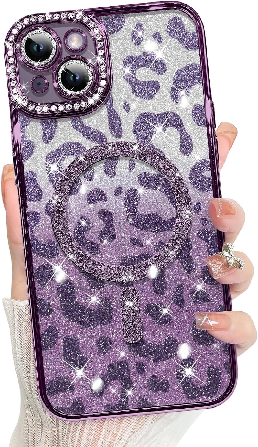 Innovatemee Compatible with iPhone 14 Case Plating Magnetic [Support for Magsafe] Bling Glitter Sparkly Back Diamond Camera Lens Cover Crystal Matte Luxury Case for Girls Women -Blue