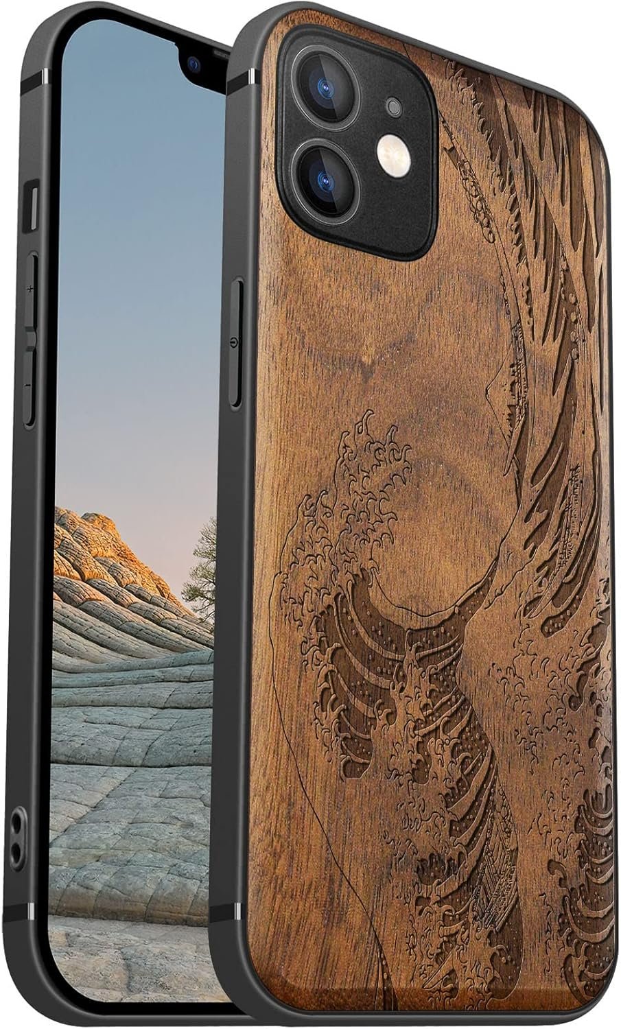 Magnetic Wood Case for iPhone 12 Case [Natural Wood & Soft TPU] Shockproof Protective Cover Unique & Classy Wooden Case Compatible with MagSafe (The Great Wave Off Kanagawa-Blackwood)