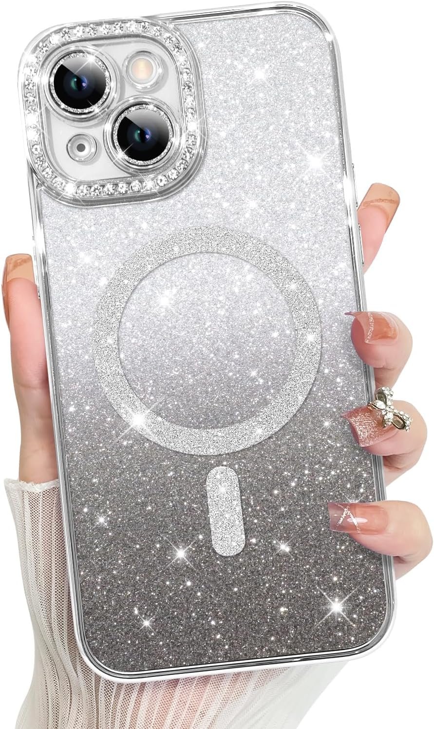 Innovatemee Compatible with iPhone 14 Case Plating Magnetic [Support for Magsafe] Bling Glitter Sparkly Back Diamond Camera Lens Cover Crystal Matte Luxury Case for Girls Women -Blue