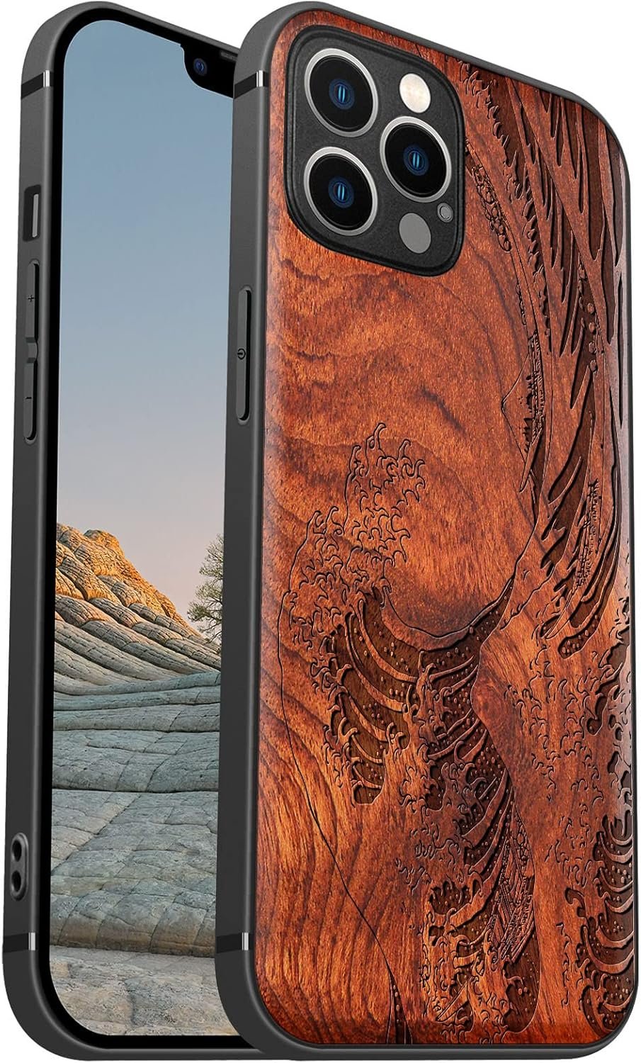 Magnetic Wood Case for iPhone 12 Case [Natural Wood & Soft TPU] Shockproof Protective Cover Unique & Classy Wooden Case Compatible with MagSafe (The Great Wave Off Kanagawa-Blackwood)