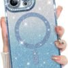 Innovatemee Compatible with iPhone 14 Case Plating Magnetic [Support for Magsafe] Bling Glitter Sparkly Back Diamond Camera Lens Cover Crystal Matte Luxury Case for Girls Women -Blue