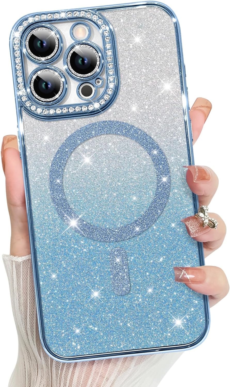Innovatemee Compatible with iPhone 14 Case Plating Magnetic [Support for Magsafe] Bling Glitter Sparkly Back Diamond Camera Lens Cover Crystal Matte Luxury Case for Girls Women -Blue