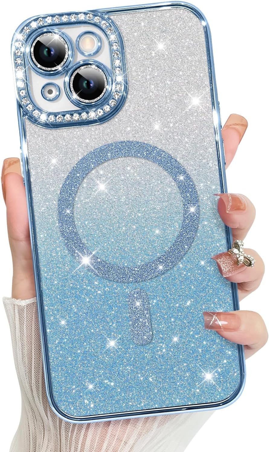 Innovatemee Compatible with iPhone 14 Case Plating Magnetic [Support for Magsafe] Bling Glitter Sparkly Back Diamond Camera Lens Cover Crystal Matte Luxury Case for Girls Women -Blue