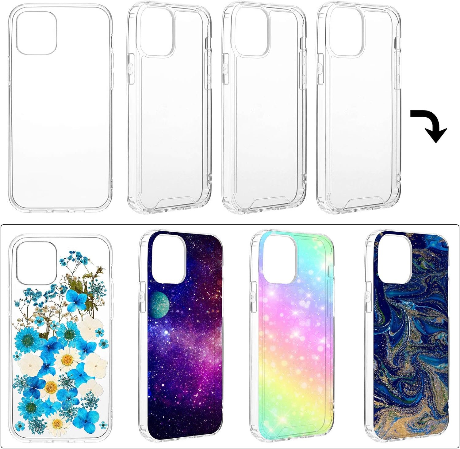 4 Pieces Transparent DIY Phone Case DIY Epoxy Resin Mobile Phone Case Anti-Slip Clear Phone Case Including 2 Hard Shells and 2 Soft Shells Compatible with iPhone 12/12 Pro 6.1 inch