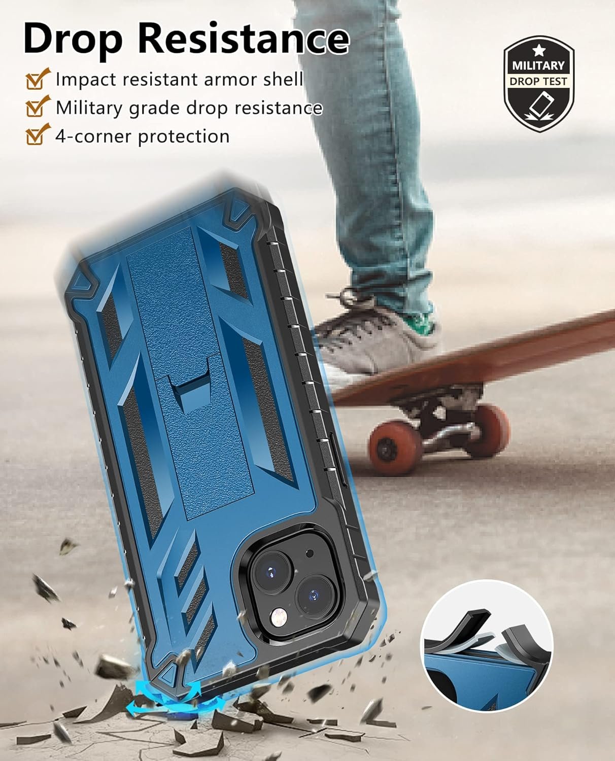 for iPhone 13 Case Protective Cover: iPhone 14 case Heavy Duty Military Grade Hard Protection Shock Proof Grip | Durable Dual-Layer Design iPhone 13-14 Phone Case with Built-in Kickstand Blue