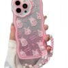 Compatible with iPhone 15plus case, cute wavy edge shell, kawaii strawberry, floral pattern with cute bracelet, made of soft, eco-friendly and durable TPU material, suitable for women and girls