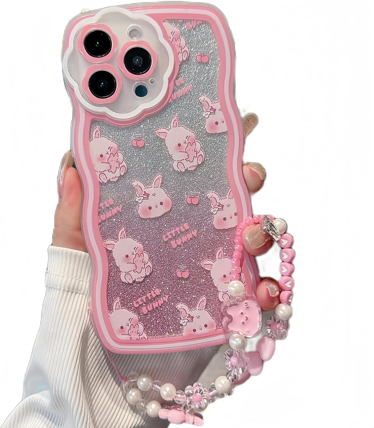 Compatible with iPhone 15plus case, cute wavy edge shell, kawaii strawberry, floral pattern with cute bracelet, made of soft, eco-friendly and durable TPU material, suitable for women and girls