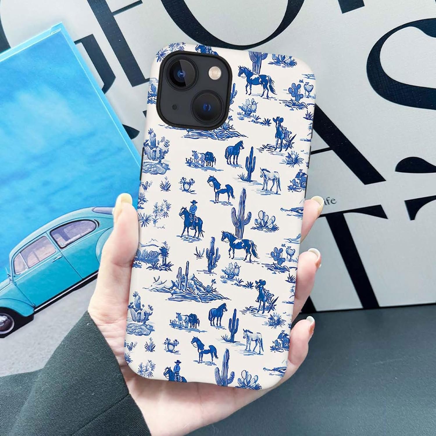 case Compatible with iPhone 13, Dark Blue Steed and Cactus Mix Two Layers of Protective Hard Shell Clear Design and dust-Proof. Suitable for iPhone 13