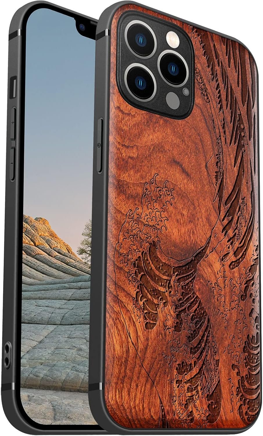 Magnetic Wood Case for iPhone 12 Case [Natural Wood & Soft TPU] Shockproof Protective Cover Unique & Classy Wooden Case Compatible with MagSafe (The Great Wave Off Kanagawa-Blackwood)
