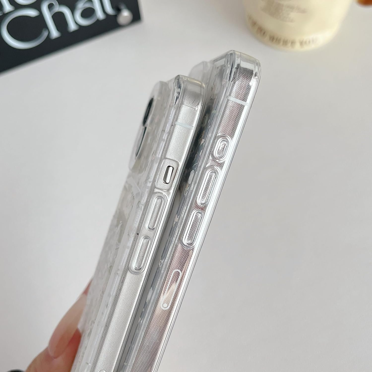 Cute Flowers Shell Pattern Wallet Card Slot Soft Phone Case Compatible with iPhone Case (Clear,iPhone 15 Plus)