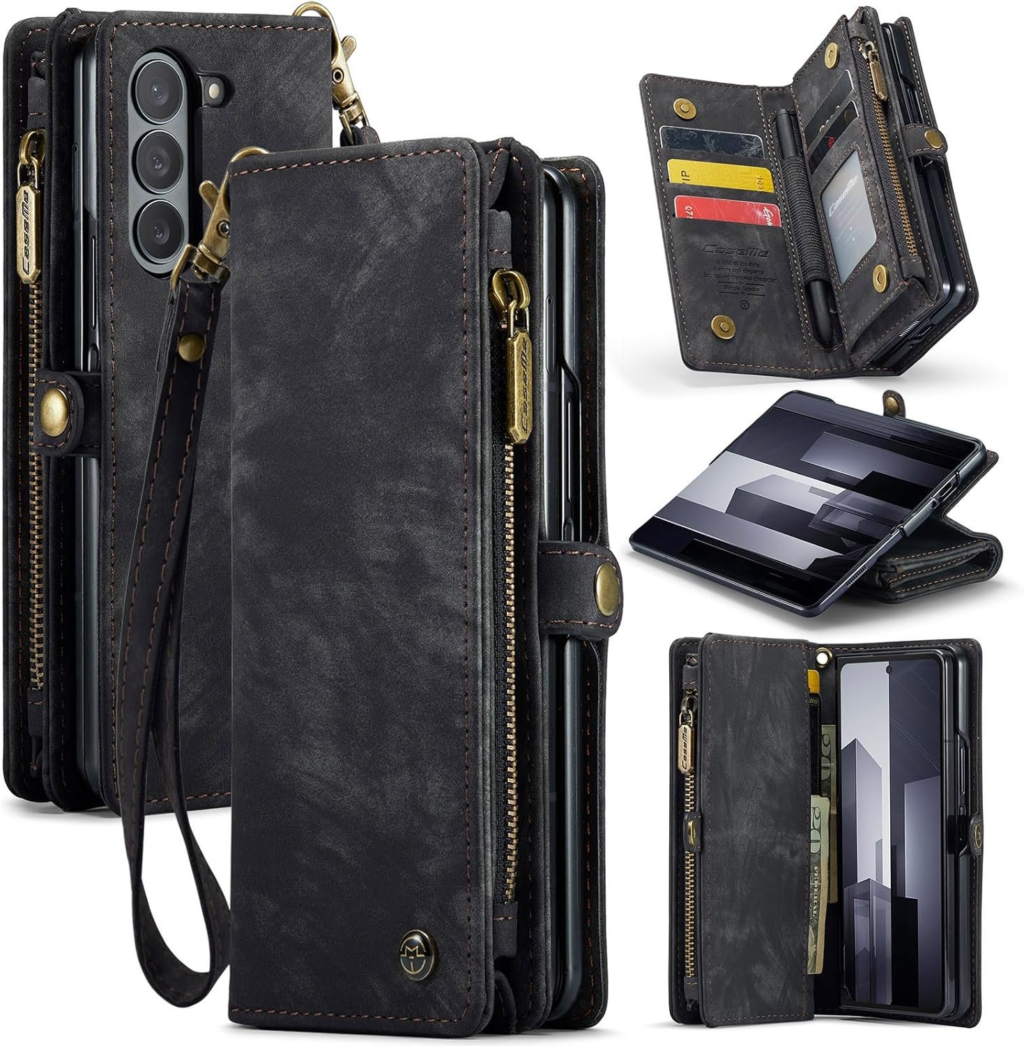 Wallet Case for Samsung Galaxy Z Fold6 2024, Zipper Purse Leather Case with Magnetic Detachable Shockproof TPU Bumper Shell Cover Compatible with Samsung Galaxy Z Fold 6 (Black)