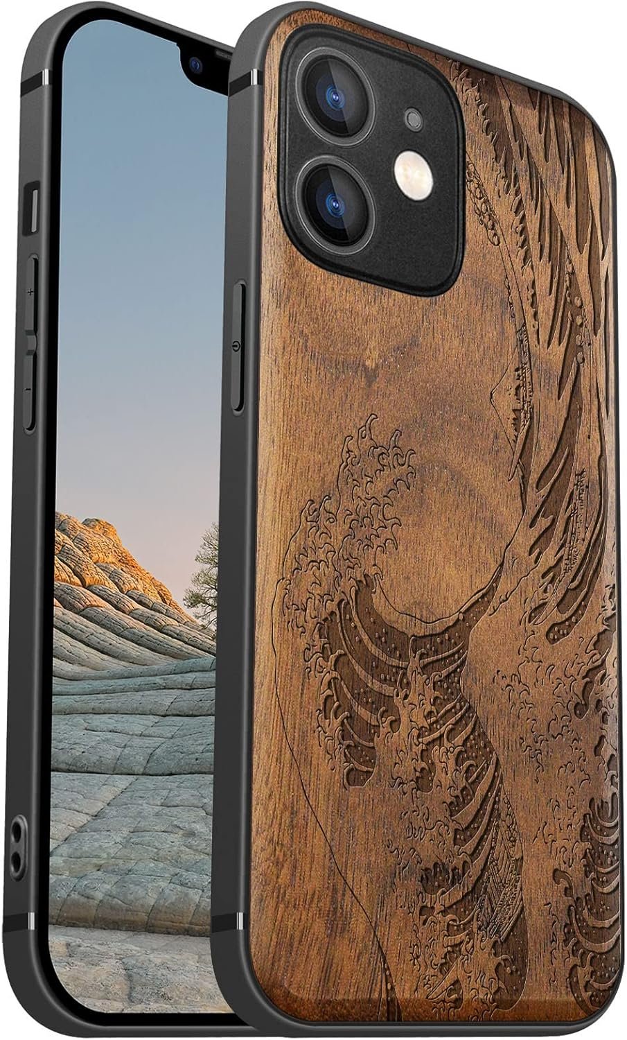 Magnetic Wood Case for iPhone 12 Case [Natural Wood & Soft TPU] Shockproof Protective Cover Unique & Classy Wooden Case Compatible with MagSafe (The Great Wave Off Kanagawa-Blackwood)